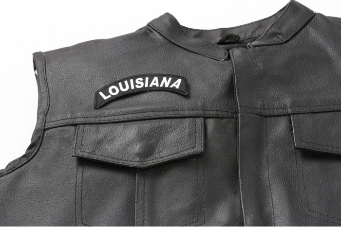 Louisiana Patch - 4x1.75 inch. Embroidered Iron on Patch shown on leather vest