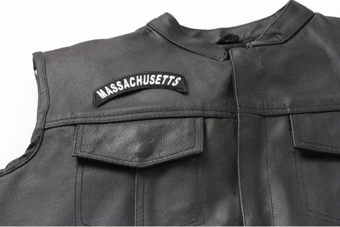 Massachusetts Patch - 4x1.75 inch. Embroidered Iron on Patch shown on leather vest