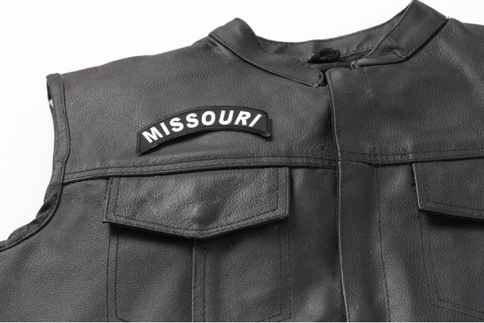 Missouri Patch - 4x1.75 inch. Embroidered Iron on Patch shown on leather vest