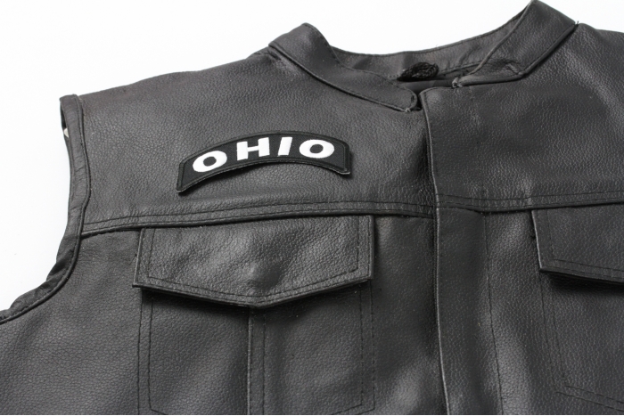 Ohio Patch - 4x1.75 inch. Embroidered Iron on Patch shown on leather vest