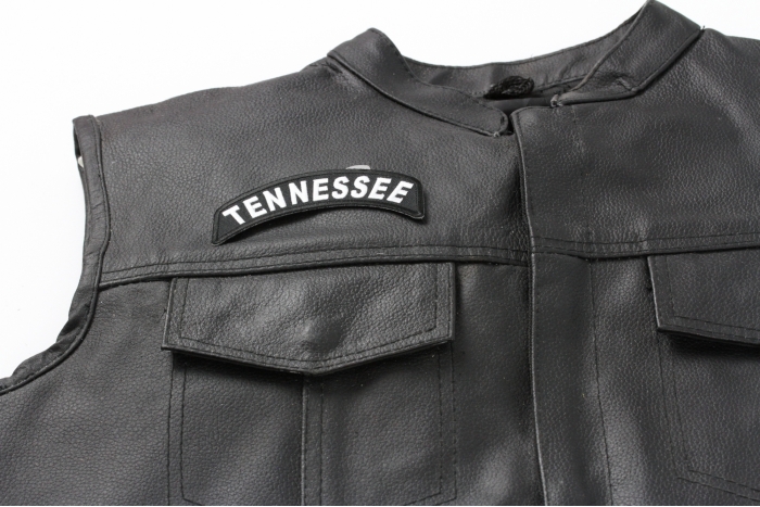 Tennessee Patch - 4x1.75 inch. Embroidered Iron on Patch shown on leather vest