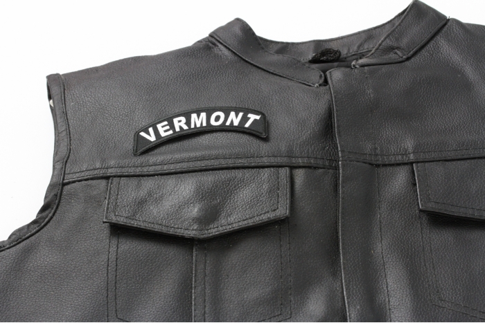 Vermont Patch - 4x1.75 inch. Embroidered Iron on Patch shown on leather vest