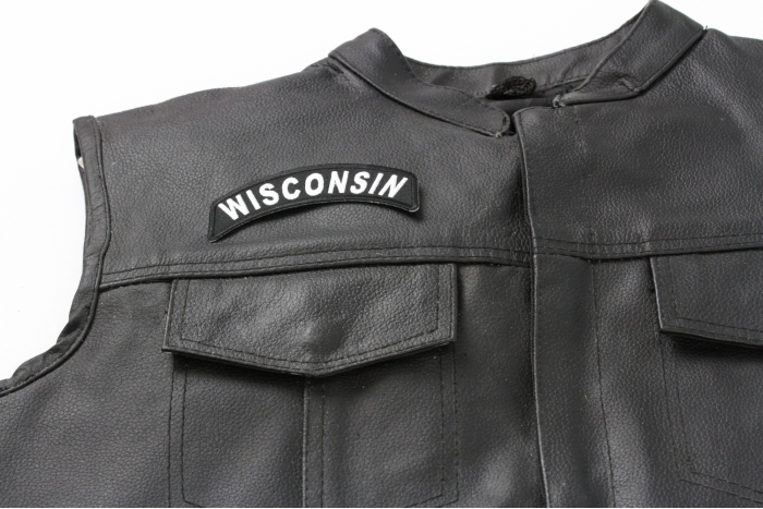 Wisconsin Patch - 4x1.75 inch shown on leather vest