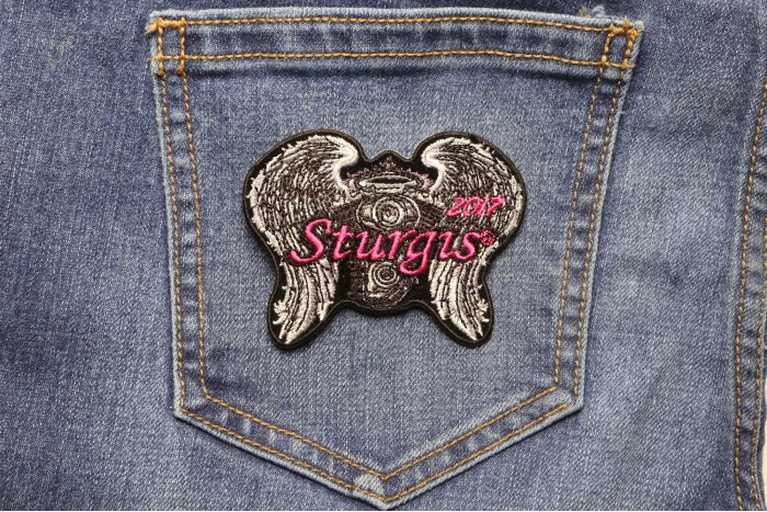 Sturgis 2017 Iron on Patch Angel Wings shown on jeans