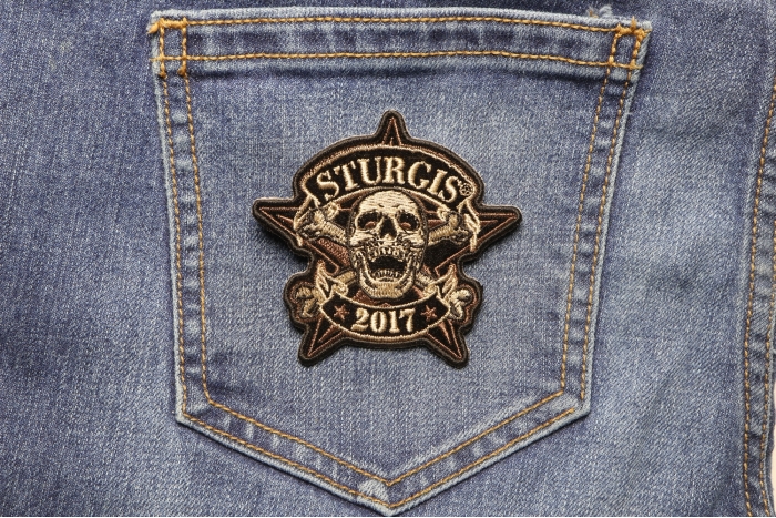 Sturgis 2017 Iron on Patch Skull Star shown on jeans