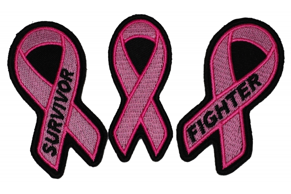 Set of 3 Pink Ribbon Patches Fighter and Survivor and Plain