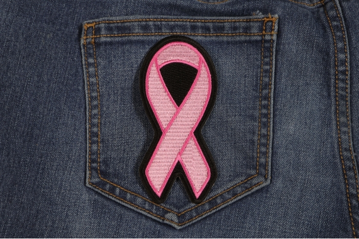 Medium Pink Ribbon Patch For Breast Cancer Awareness shown on jeans