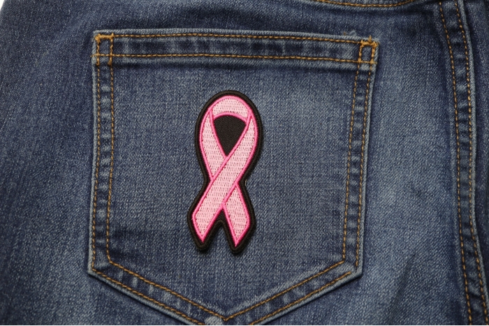 Small Pink Ribbon Breast Cancer Awareness Patch shown on jeans