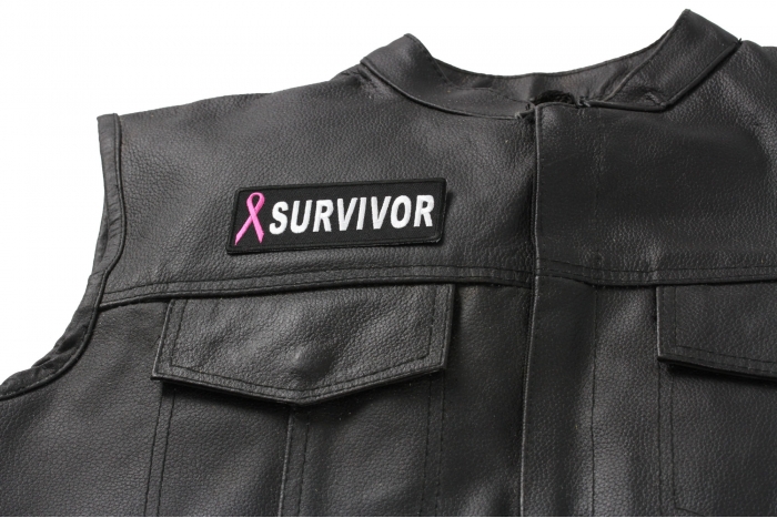 Breast Cancer Survivor Pink Ribbon Patch - 4x1.5 inch. Embroidered Iron on Patch shown on leather vest