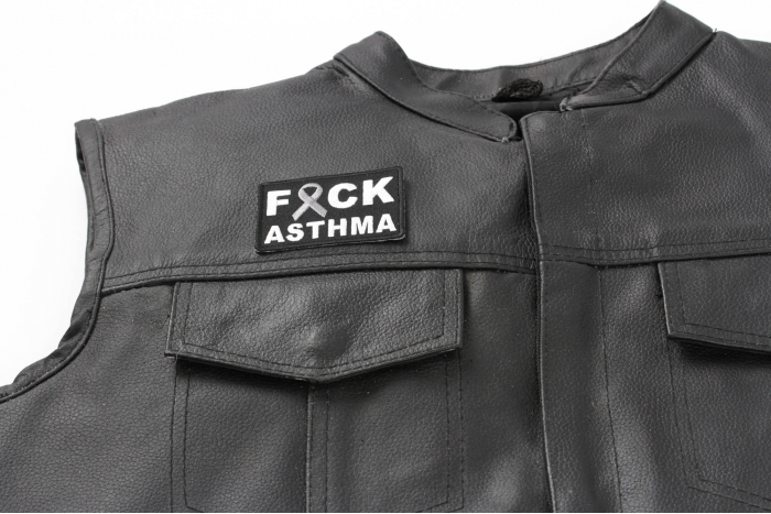 FCK Asthma Gray Ribbon Patch - Iron on Patch - 2.75x2 inch shown on leather vest