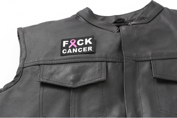 FCK Cancer Pink Ribbon Patch - 2.75x2 inch. Embroidered Iron on Patch shown on leather vest