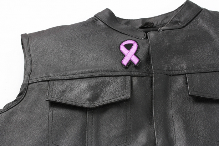 Purple Ribbon Patch For Breast Cancer Survivors - 3x1.25 inch. Embroidered Iron on Patch shown on leather vest