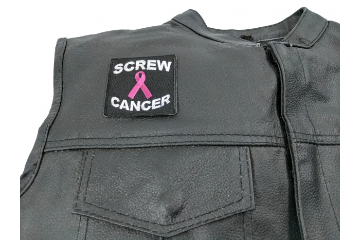 Screw Cancer Patch - 2.5x2.5 inch. Embroidered Iron on Patch shown on leather vest