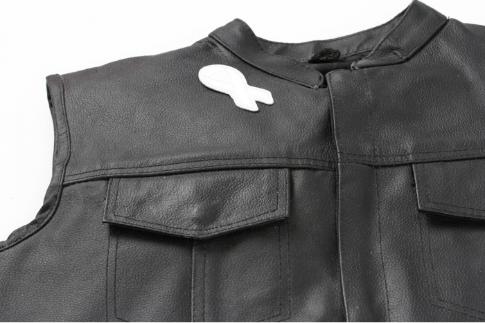 White Lung Cancer Awareness Ribbon Patch - 3x1.25 inch. Embroidered Iron on Patch shown on leather vest