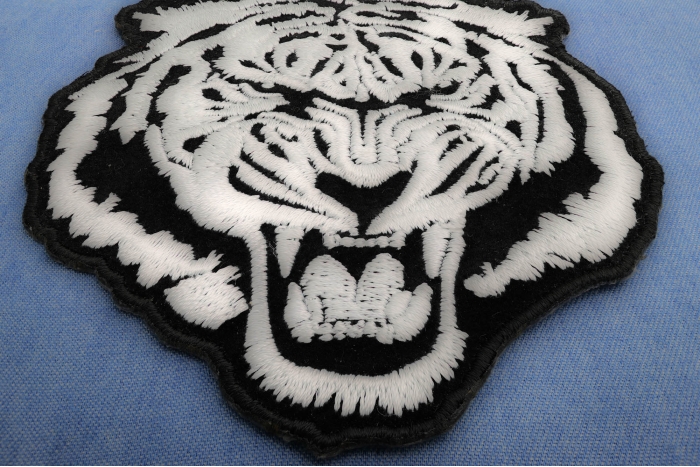 Small White Baron Tiger Iron on Patch diagonal view