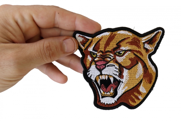 Cougar Patch, Small Embroidered Iron on Patches shown on hand for size comparison