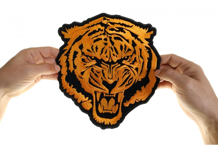 Tiger Patch, Large Animal Patches for Jackets shown on hand for size comparison
