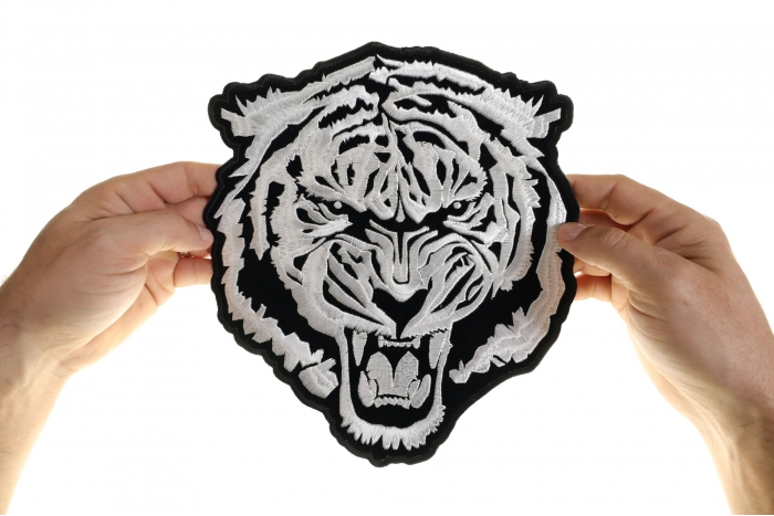 Tiger Patch, Large Animal Patches for Jackets shown on hand for size comparison