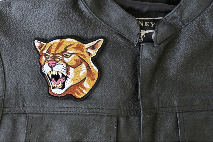 Cougar Patch - 3.8x4.2 inch - Embroidered Iron on Patch shown on leather vest