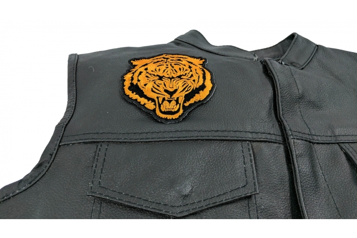 Small Orange Baron Tiger Patch - 3.75x4 inch. Embroidered Iron on Patch shown on leather vest