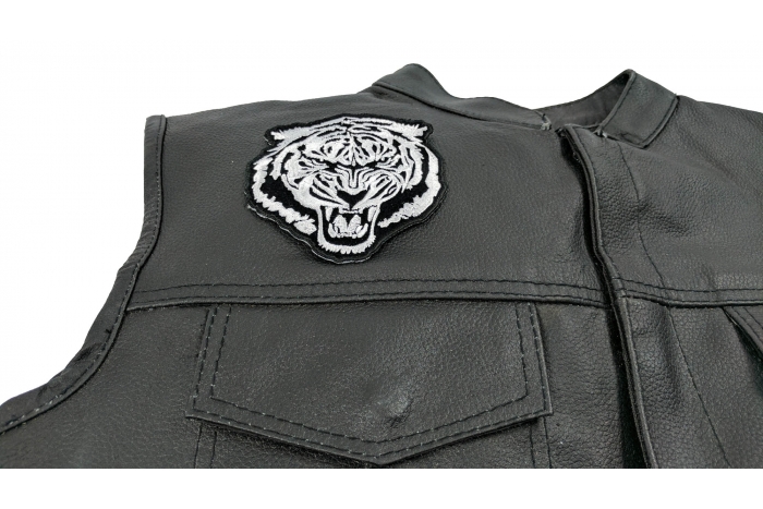 Small White Baron Tiger Patch - 3.75x4 inch. Embroidered Iron on Patch shown on leather vest