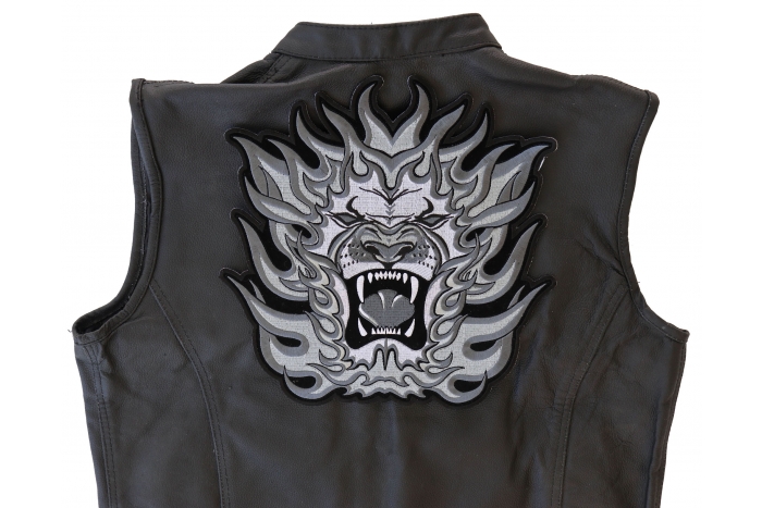 Tribal Lion Patch, Large Animal Patches for Jackets shown on leather vest