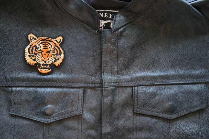 Vicious Tiger Iron on Patch shown on leather vest