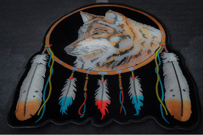 Dreamcatcher Wolf Feathers Patch diagonal view