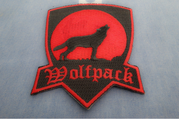 Wolfpack Iron on Biker Patch In Red With Howling Moon diagonal view