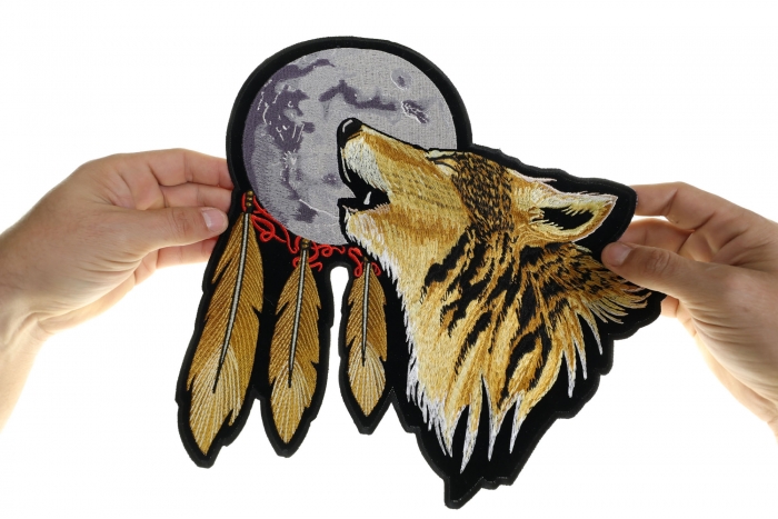 Howling Wolf Moon and Feathers Patch, Large Biker Back Patches for Leather Vests shown on hand for size comparison