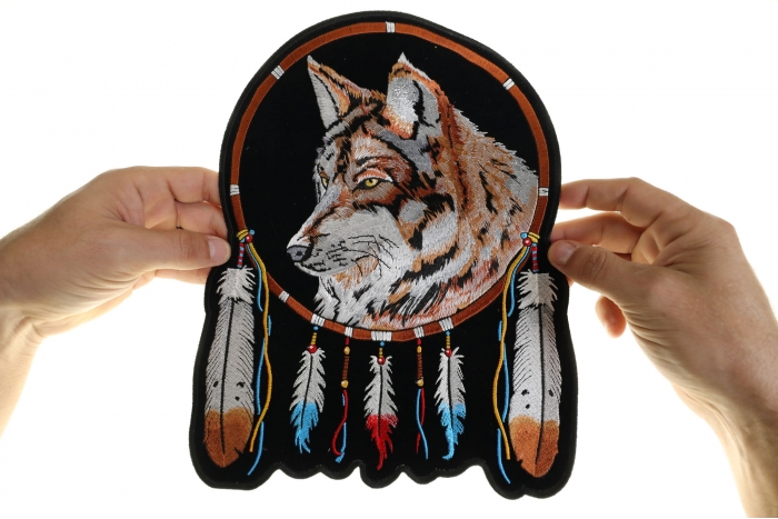 Dreamcatcher Wolf Feathers Patch, Large Animal Patches for Jackets shown on hand for size comparison