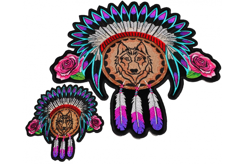 Set of 2 Small and Large Wolf with Indian Head Dress and Pink Flowers and Feathers Patches