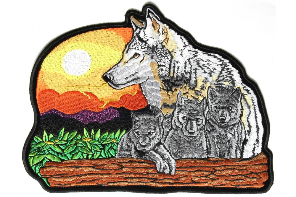 Wolf and Cubs Sunset Embroidered Iron on Patch