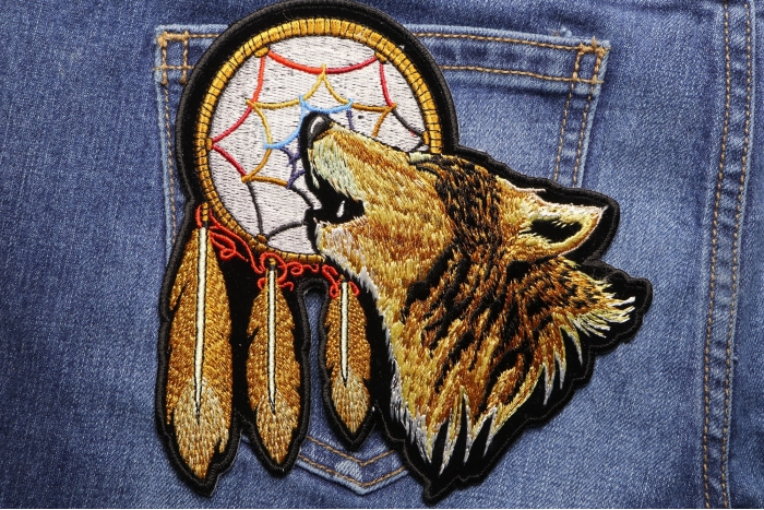 Howling Wolf Dreamcatcher Patch Medium shown on jeans
