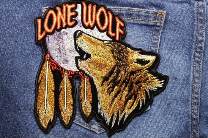 Lone Wolf Howling At The Moon 6 Inch Patch shown on jeans