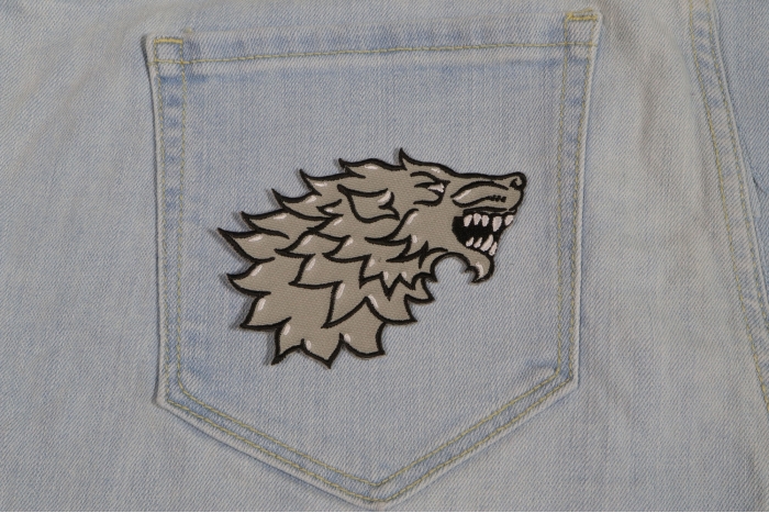 Wolf Patch Iron on Embroidered shown on jeans