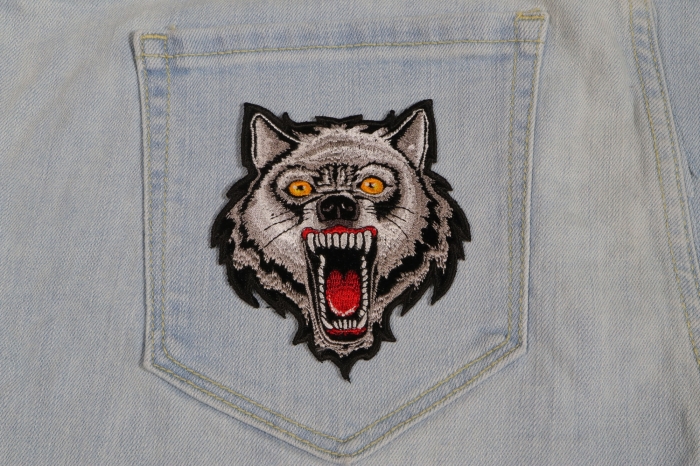 Wolf Patch for Jackets shown on jeans