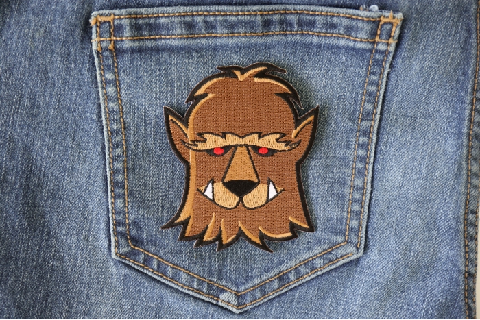 Wacky Wolf Iron on Patch shown on jeans