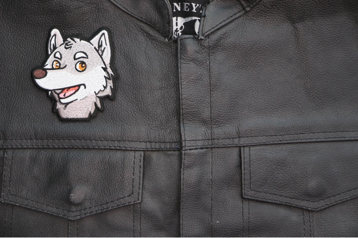 Cartoon Wolf Patch shown on leather vest