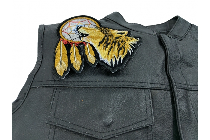 Howling Wolf Dreamcatcher Patch Medium - Iron on Patch - 6x6 inch shown on leather vest