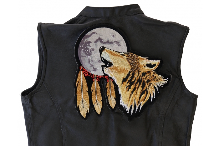 Howling Wolf Moon and Feathers Patch, Large Biker Back Patches for Leather Vests shown on leather vest