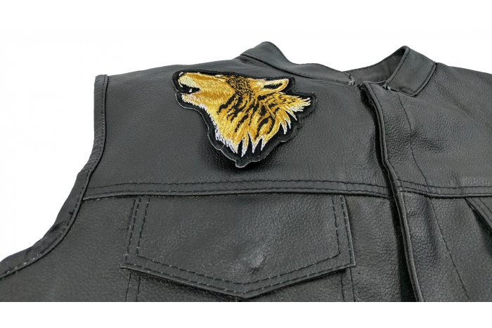 Howling Wolf Small Patch - 4.5x5 inch. Embroidered Iron on Patch shown on leather vest