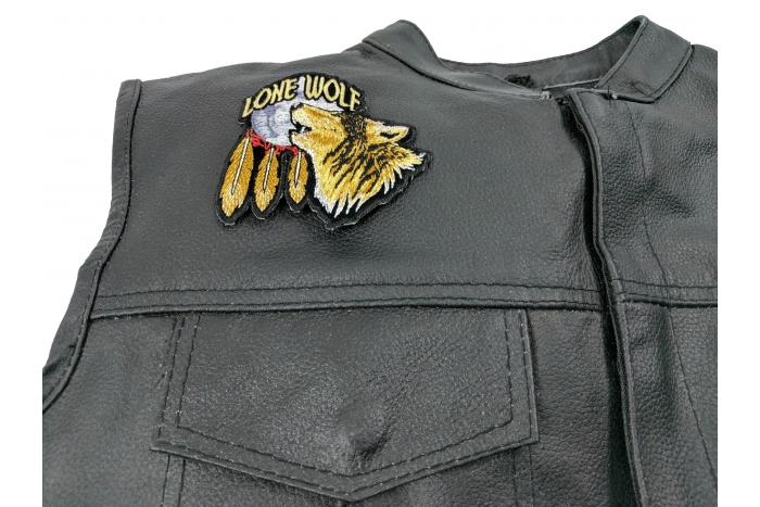Lone Wolf Howling At The Moon Small Patch - 3.5x3.5 inch. Embroidered Iron on Patch shown on leather vest