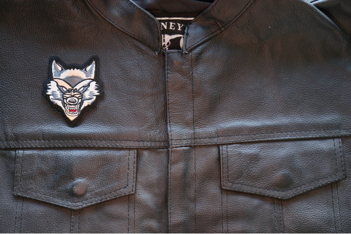 Mean Wolf Iron on Patch shown on leather vest