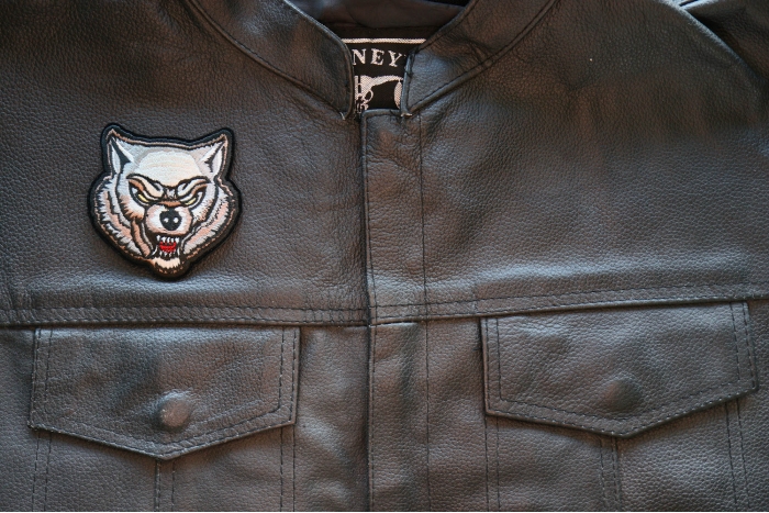 Scary Wolf Iron on Patch shown on leather vest