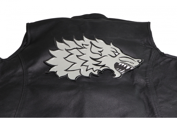 Stark Wolf Patch, Large Animal Patches for Jackets shown on leather vest