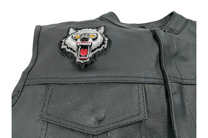 Small Wolf Patch - 3.5x4 inch. Embroidered Iron on Patch shown on leather vest