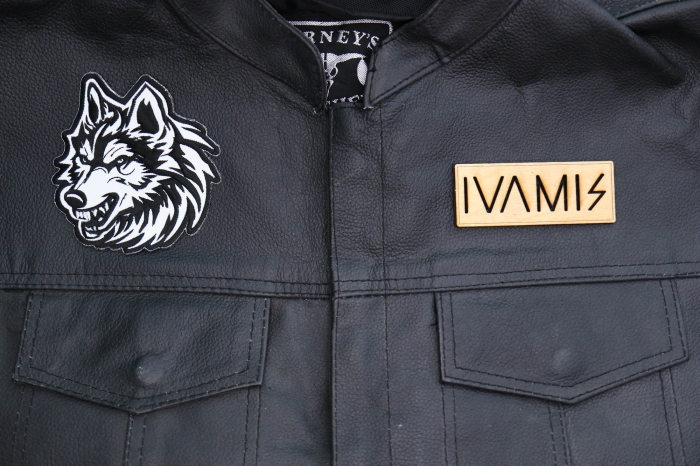 Tribal Wolf Decal Patch shown on leather vest
