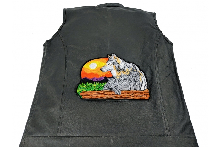 Wolf Patch Large with Cubs - Iron on Patch - 10x7.5 inch shown on leather vest