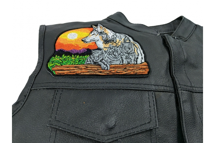 Wolf and Cubs Medium 6 inch Patch shown on leather vest